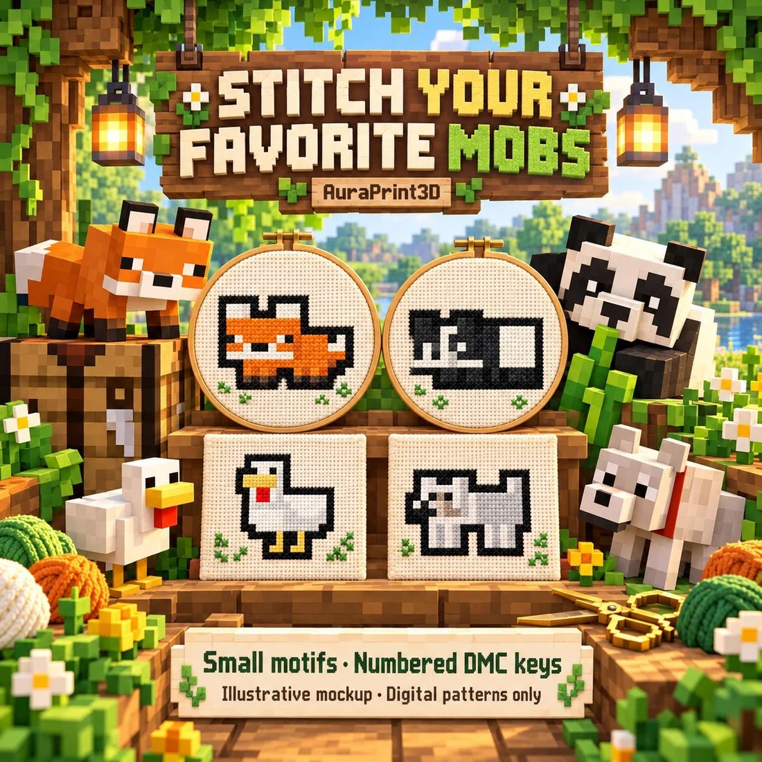Illustrative Minecraft embroidery mockup with fox, panda, chicken and wolf motifs, wooden crafting shelf, yarn and lanterns. Small digital cross stitch patterns with numbered DMC keys; no physical supplies.
