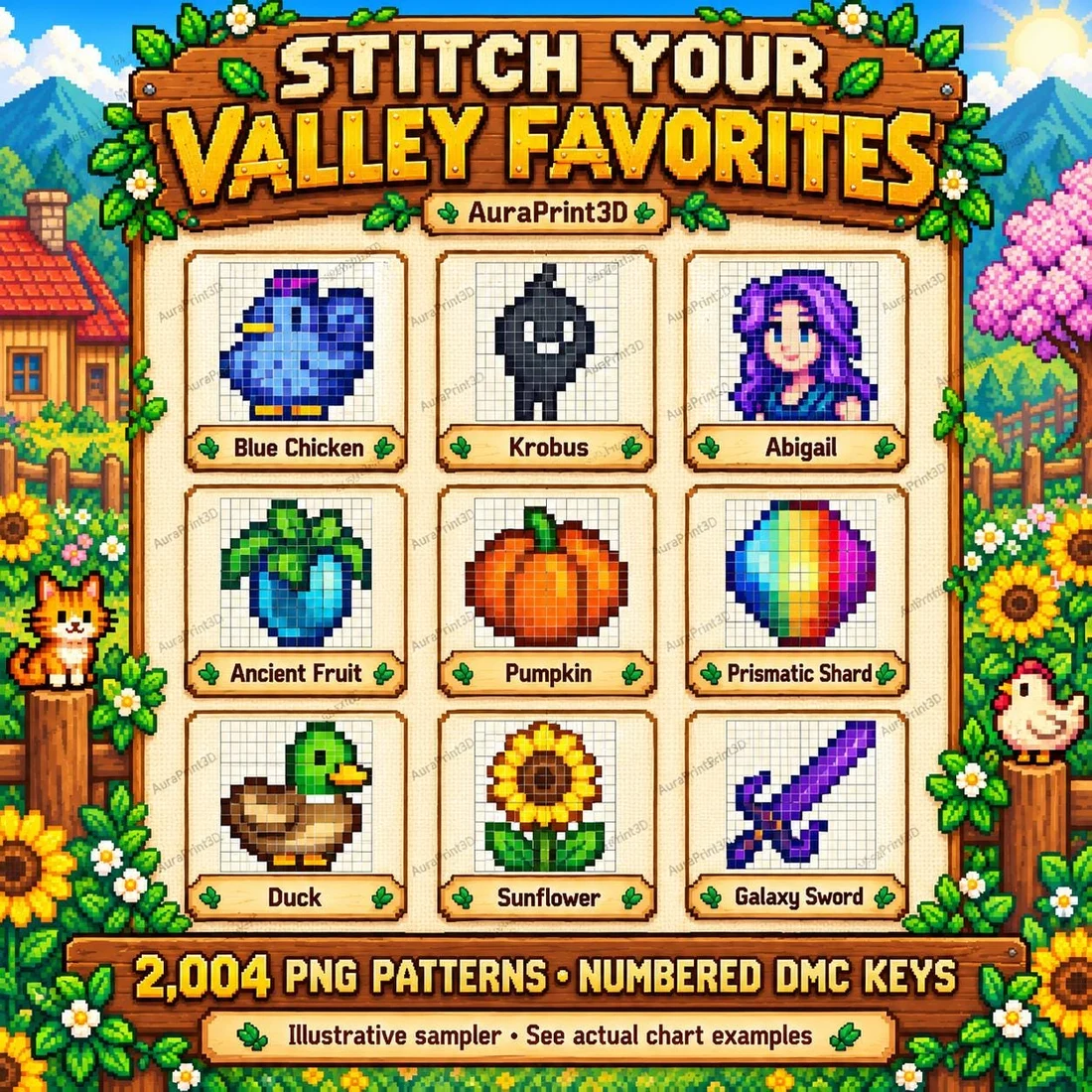 Illustrative Stardew Valley sampler with blue chicken, Krobus, Abigail, crops, gems and sword motifs. Not a photograph of finished embroidery.