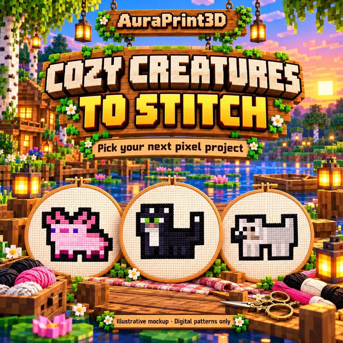 Illustrative Minecraft cross stitch scene beside a sunset lake: pink axolotl, black cat and gray wolf motifs in embroidery hoops. AuraPrint3D digital PNG patterns with numbered DMC keys; no physical supplies.