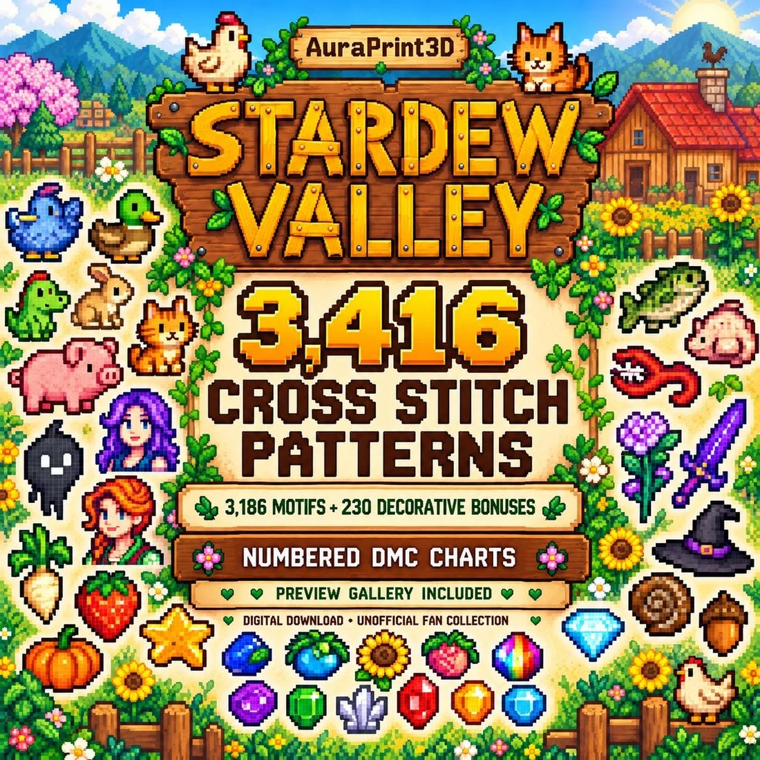 Stardew Valley cross stitch bundle cover: 3,416 numbered DMC PNG charts, including 3,186 motifs and variants plus 230 decorative bonus patterns.