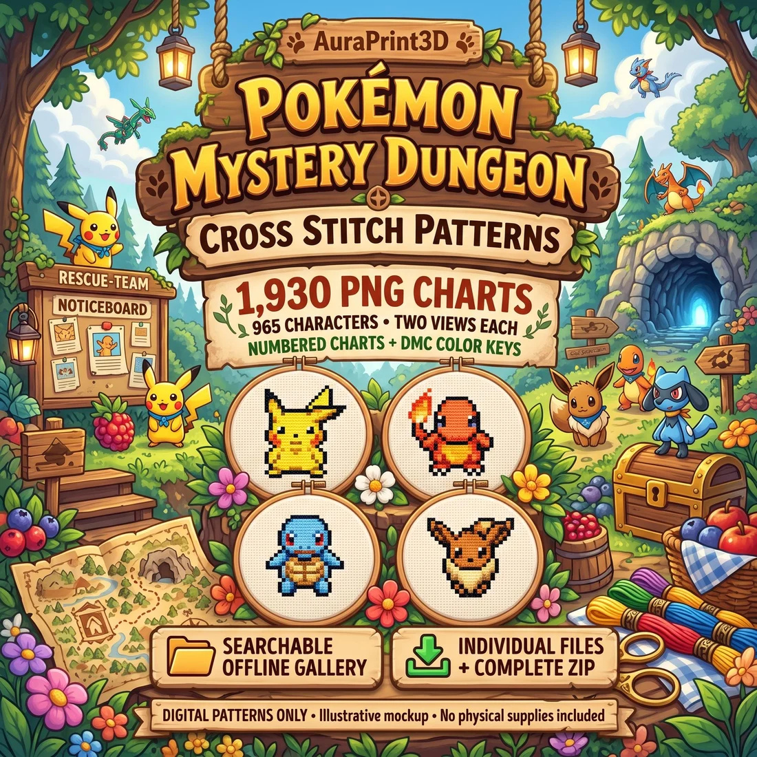 Illustrated Mystery Dungeon cross stitch cover: 1,930 PNG charts for 965 characters, numbered DMC keys, four embroidery hoops, an explorer village and offline gallery and ZIP features. Digital patterns only; illustrative mockup.