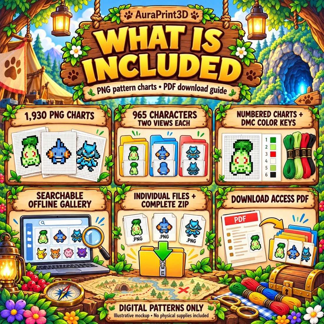 What is included in the Mystery Dungeon cross stitch pack: 1,930 PNG charts for 965 characters with two views each, numbered charts and DMC color keys, searchable offline gallery, individual files, complete ZIP and access PDF. Illustrated digital-product mockup.