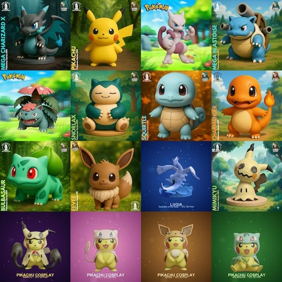 Mega Charizard X, Pikachu, Mewtwo and Mega Blastoise STL figures, 3D printable Pokemon models