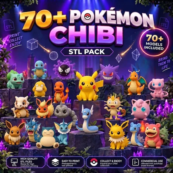 70+ Chibi Pokemon Kanto STL & 3MF Bundle