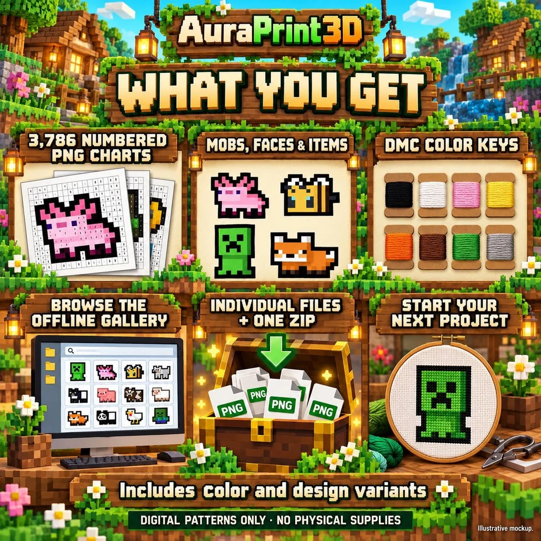 Minecraft cross stitch bundle contents infographic: 3,786 numbered charts, categorized individual files, one complete ZIP and searchable offline preview gallery. Digital patterns only.