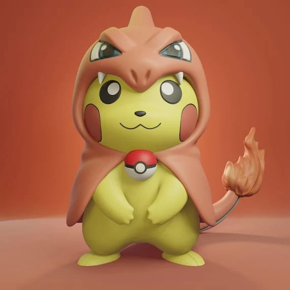 Pikachu wearing Charizard-hood costume STL figure, 3D printable Pokemon model