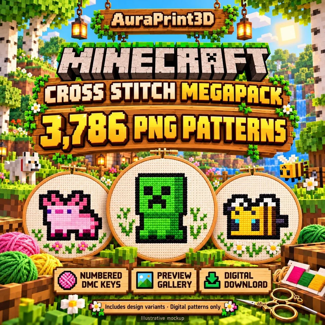 AuraPrint3D Minecraft Cross Stitch Megapack cover: 3,786 PNG patterns with numbered DMC keys, preview gallery and digital download. Illustrated woodland crafting scene with creeper, pink axolotl and bee embroidery hoops. Includes design variants; illustrative mockup, digital patterns only.